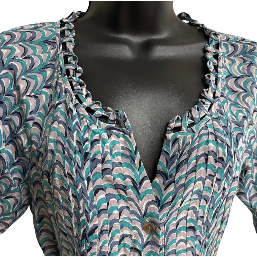 Rebecca Taylor Womens Silk Shirt Dress Size 2 Blue Geometric Print Tie Waist - Picture 3 of 14